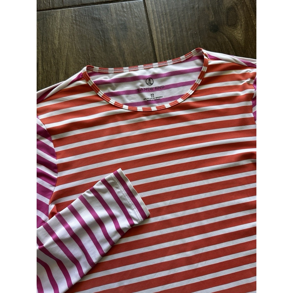 LANDS END Striped Rash Guard Swim Sun Top Shirt Size XL Pink Orange White Beach
